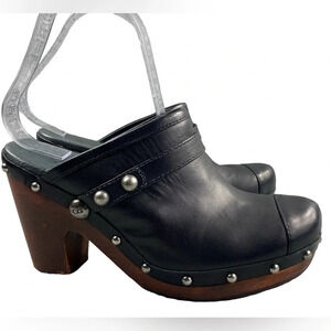 UGG Australia Jolene Heeled Clogs Black Leather Wood Shear Silver Studs Womens 7